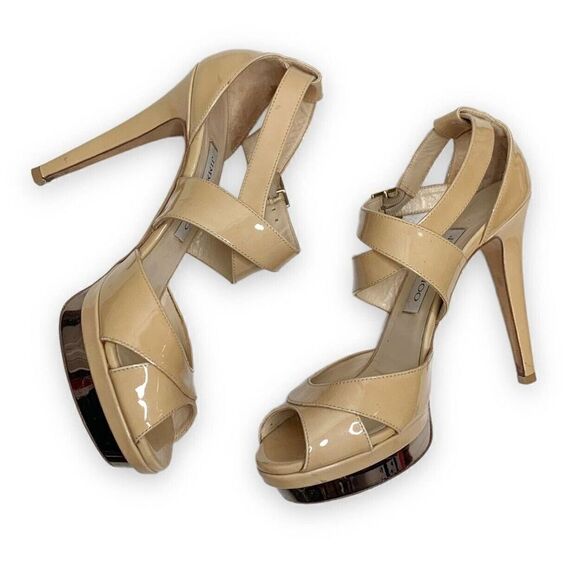 Jimmy Choo Women's Natural Beige Patent Leather Kuki Sandal Platform Size 38.5 - Picture 5 of 11